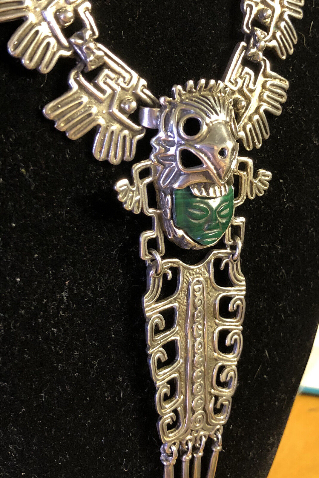 Vintage Taxco Mexico 925 Sterling Silver Malachite Aztec Bird Statement Necklace