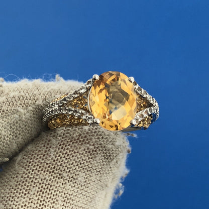 Estate Designer 925 Sterling Silver Yellow Canary White Cubic Zirconia Ring