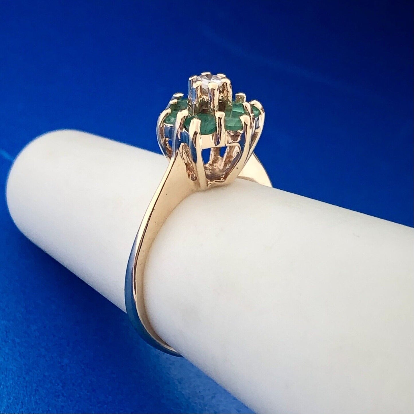 Vintage 14K Yellow Gold Designer Emerald Diamond Cluster May Anniversary Ring