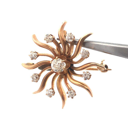 Designer Art Deco 14K Yellow Gold Diamond Pin Brooch Pendant