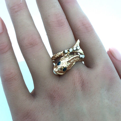 Vintage 14K Yellow Gold Diamond Pearl Blue Sapphire Fish Bypass Ring