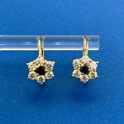 Designer Italy 14K Yellow Gold Sapphire Cubic Zirconia Floral Cluster Earrings