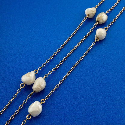14k Yellow Gold Carved Jade White Pearl 18" 3 Strand Swimming Duck Necklace