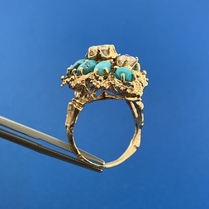 14K Yellow Gold Turquoise White Quartz Cluster Free Form Statement Cocktail Ring