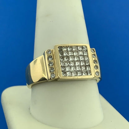 14K Yellow Gold Pave Princess Diamond Square Top Statement Unisex Cocktail Ring