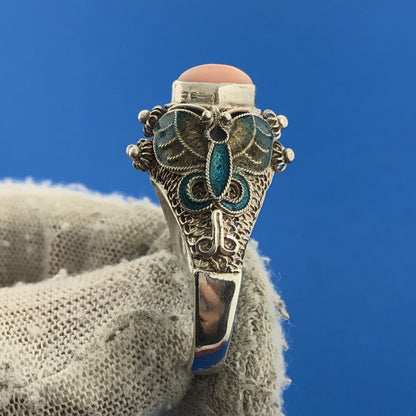 BJ China Sterling Silver 925 Pink Coral Cloisonne Statement Ring