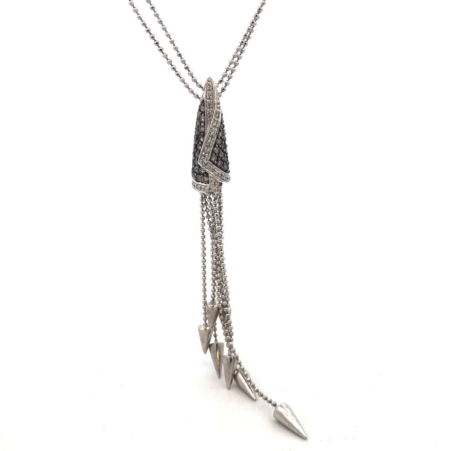 18K White Gold Champagne White Diamond Modernist Conical Pendant Necklace