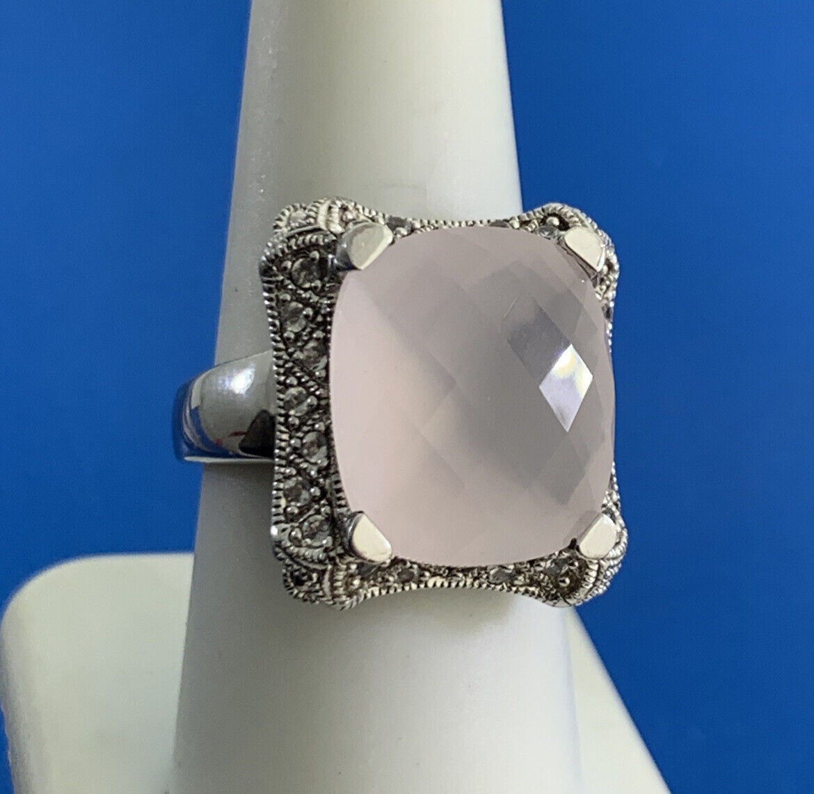 Estate Cushion Cut Rose Quartz Sterling Silver Diamond Accents Statement Ring