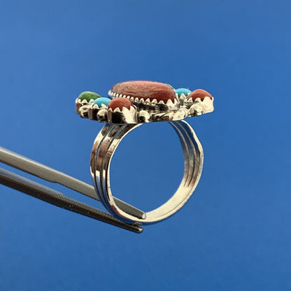 Designer R.B. Sterling Silver 925 Red Jasper Coral Turquoise Ring Size 6