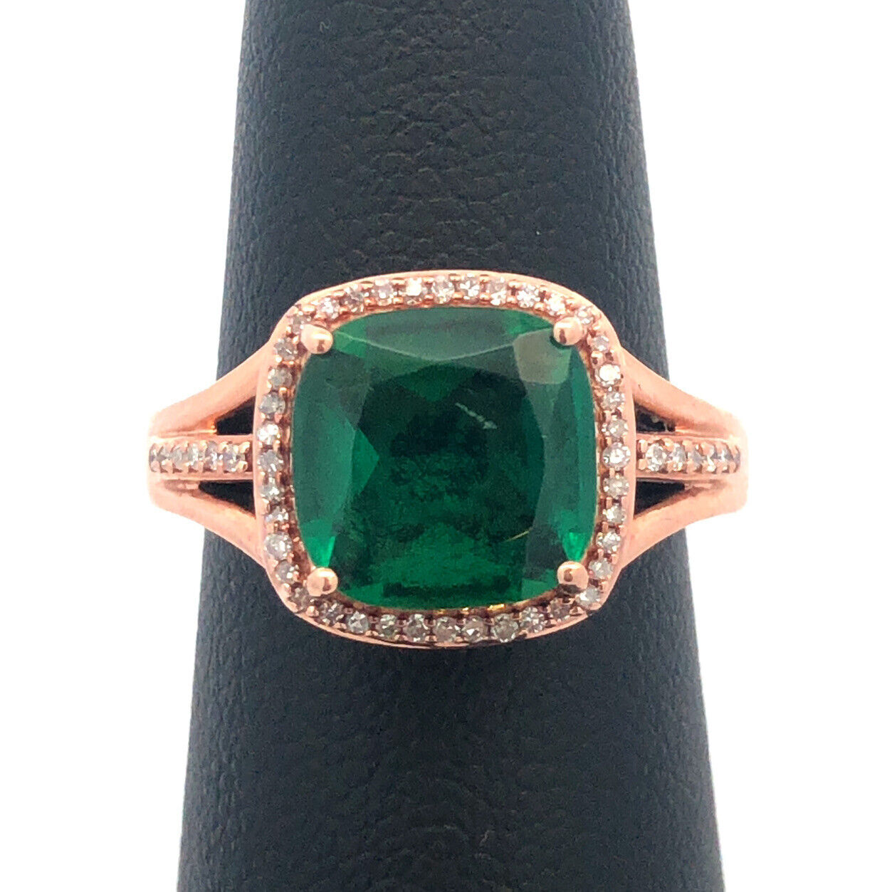 14K Rose Gold Princess Cut Emerald Pave Diamond Halo Cocktail Ring