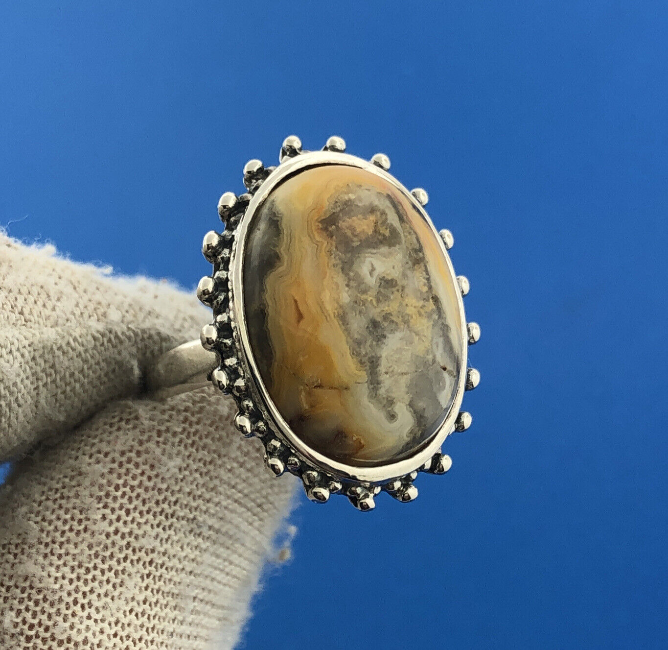 Stunning Sterling Silver 925 Grey Orange Cabochon Agate Statement Ring Size 8.5