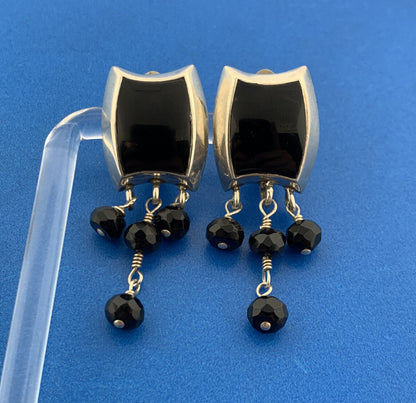 Designer Barse 925 Sterling Silver Black Onyx Cabochon Beaded Clip-On Earrings