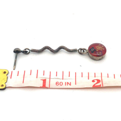Vintage 925 Sterling Silver Red Resin Flower Floral Spiral Dangle Stud Earrings