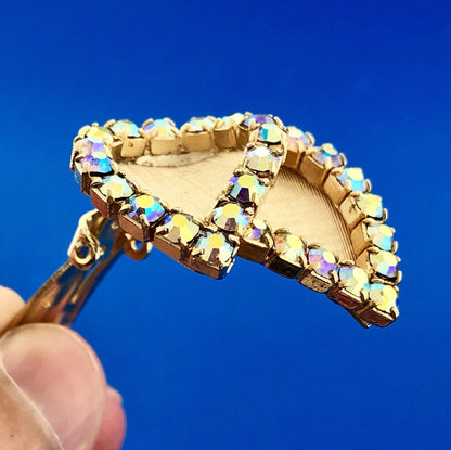Fantastic Mid Century Gold Tone Florentine Aurora Borealis Rhinestone Earrings