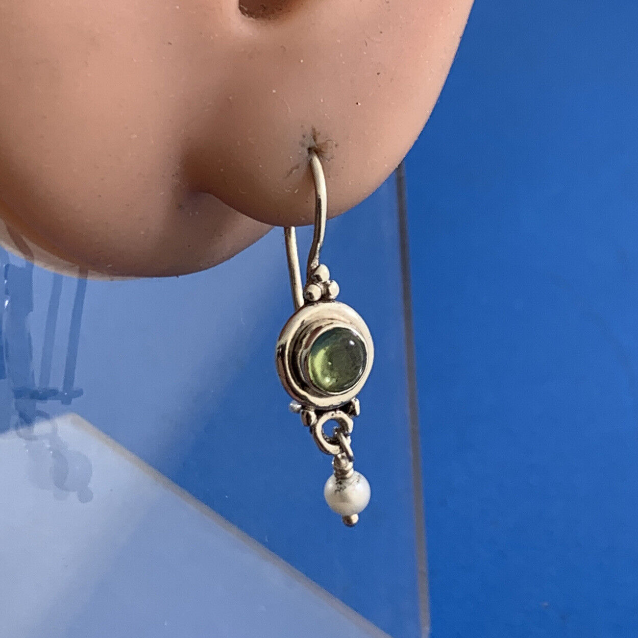 Estate 925 Sterling Silver Peridot Cabochon Pearl Balinese Dangle Drop Earrings