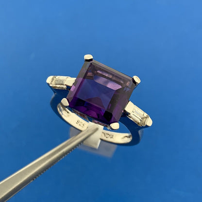 Designer 925 Sterling Silver Square Amethyst Cubic Zirconia Accented Ring NWT