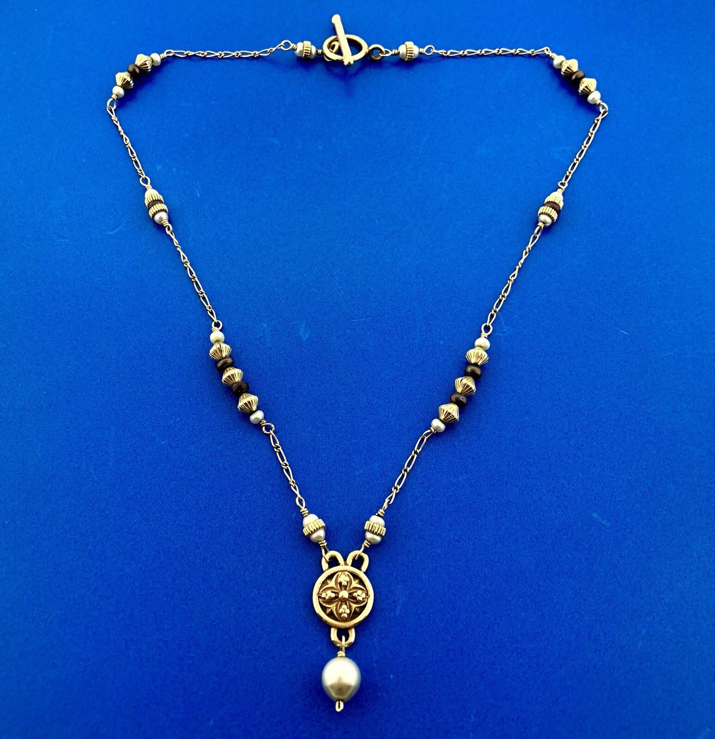 Mignon Faget 14K Yellow Gold Small Medallion Baroque Pearl Drop Toggle Necklace