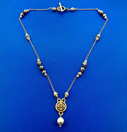 Mignon Faget 14K Yellow Gold Small Medallion Baroque Pearl Drop Toggle Necklace