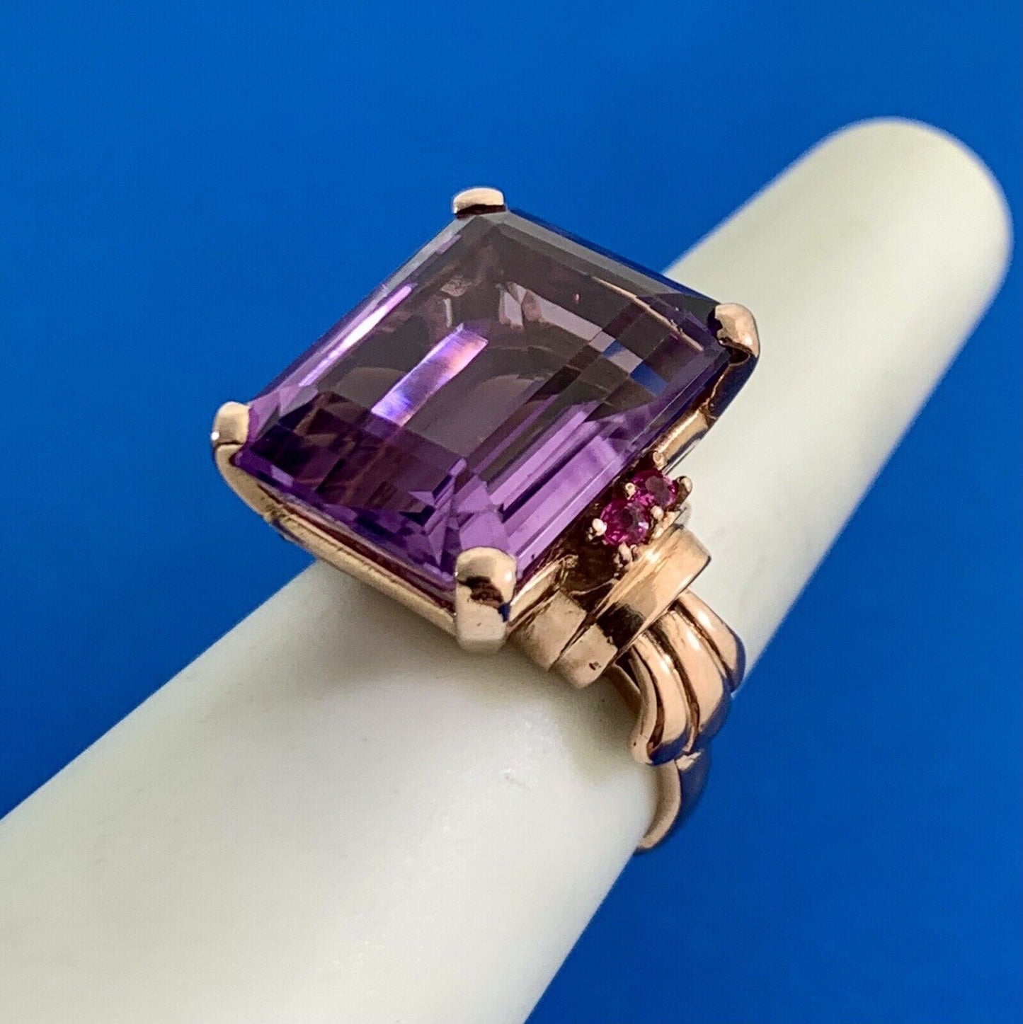 Estate Emerald Cut Amethyst Ruby Accents 14K Rose Gold Statement Cocktail Ring