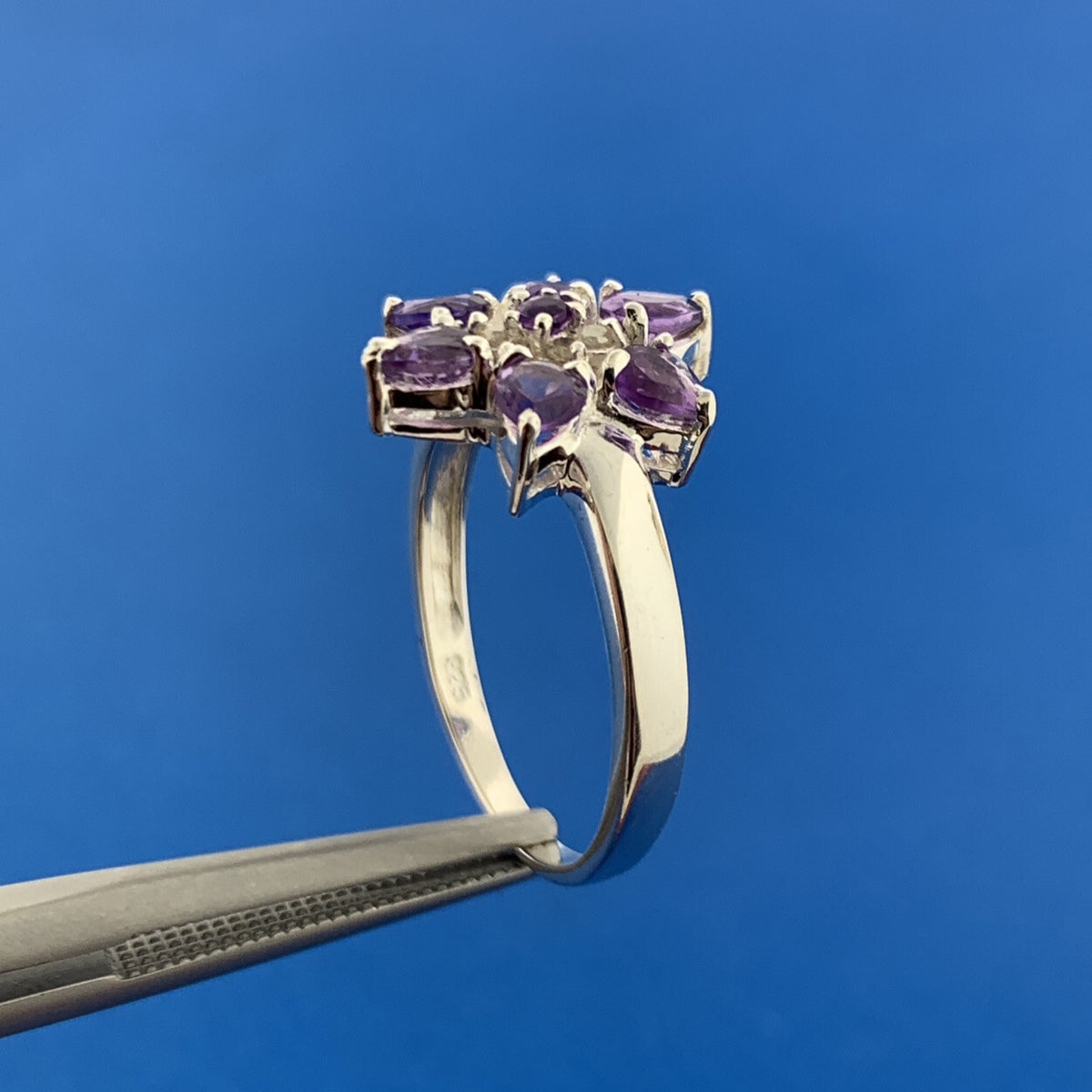 Designer Sterling Silver Amethyst Diamond Flower Cluster February Occasion Ring