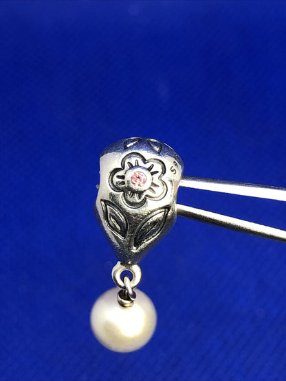 Retired PANDORA ALE 925 Silver Pink CZ Flower Pearl Dangle Charm 790546