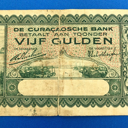 1930 Curacao 5 Gulden De Curacaoshe Bank Dutch Administration Rare Currency Note