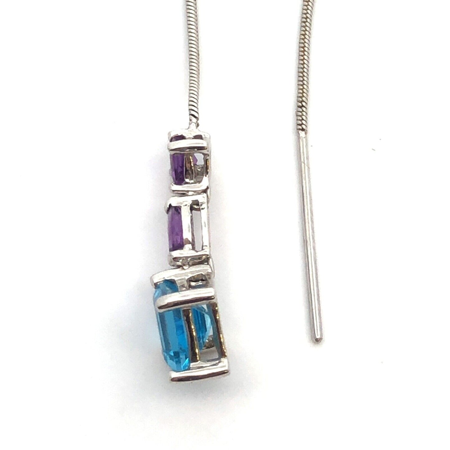 Designer 14K White Gold Blue Topaz and Amethyst Dangle Threader Earrings