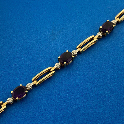 Gorgeous 10k Yellow Gold Oval Cut Purple Amethyst Diamond 6" Tennis Bracelet