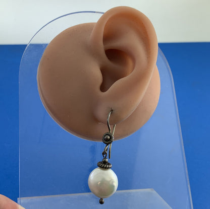 Vintage 925 Sterling Silver Pearl Hook Dangle Drop Earrings