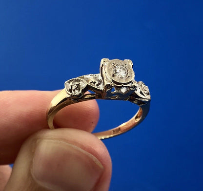 Art Deco 14K Yellow White Gold Diamond Hearts Beads Scroll Engagement Ring
