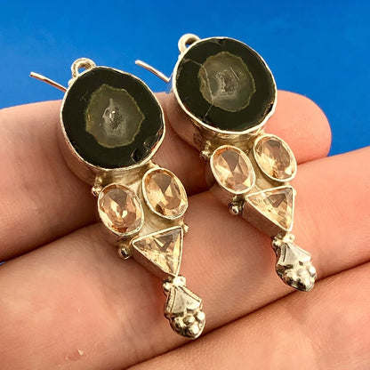 Sterling Silver 925 Orange Quartz Topaz Druzy Geode Statement Dangle Earrings