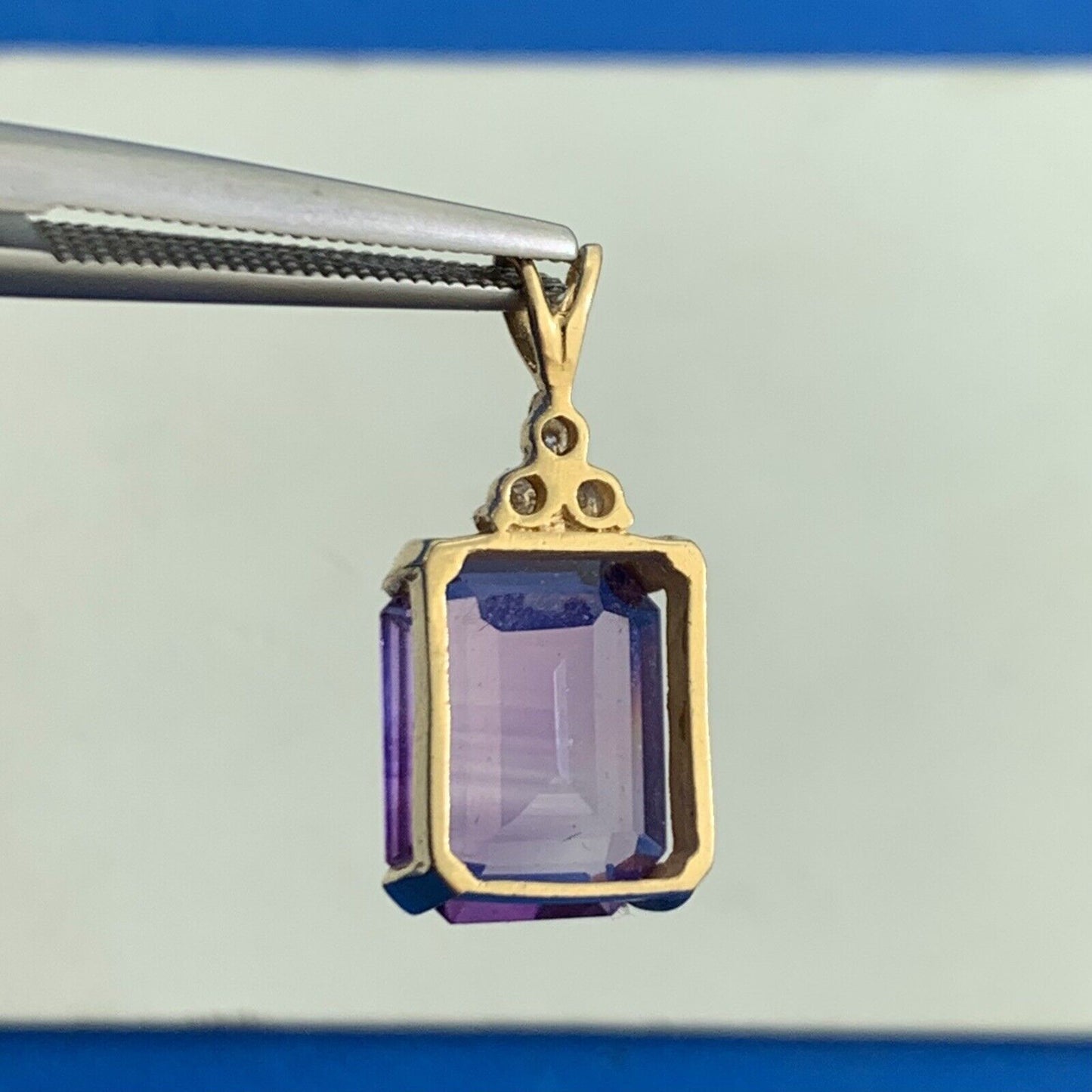 Vintage Designer 14K Yellow Gold Emerald Cut Amethyst Diamond Accent Pendant
