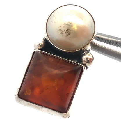 Vintage 925 Sterling Silver Round Pearl Square Amber Drop Stud Earrings