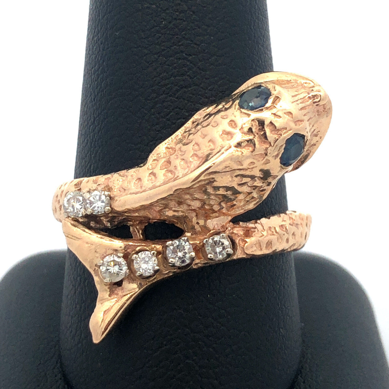 Vintage 14K Yellow Gold Diamond Pearl Blue Sapphire Fish Bypass Ring