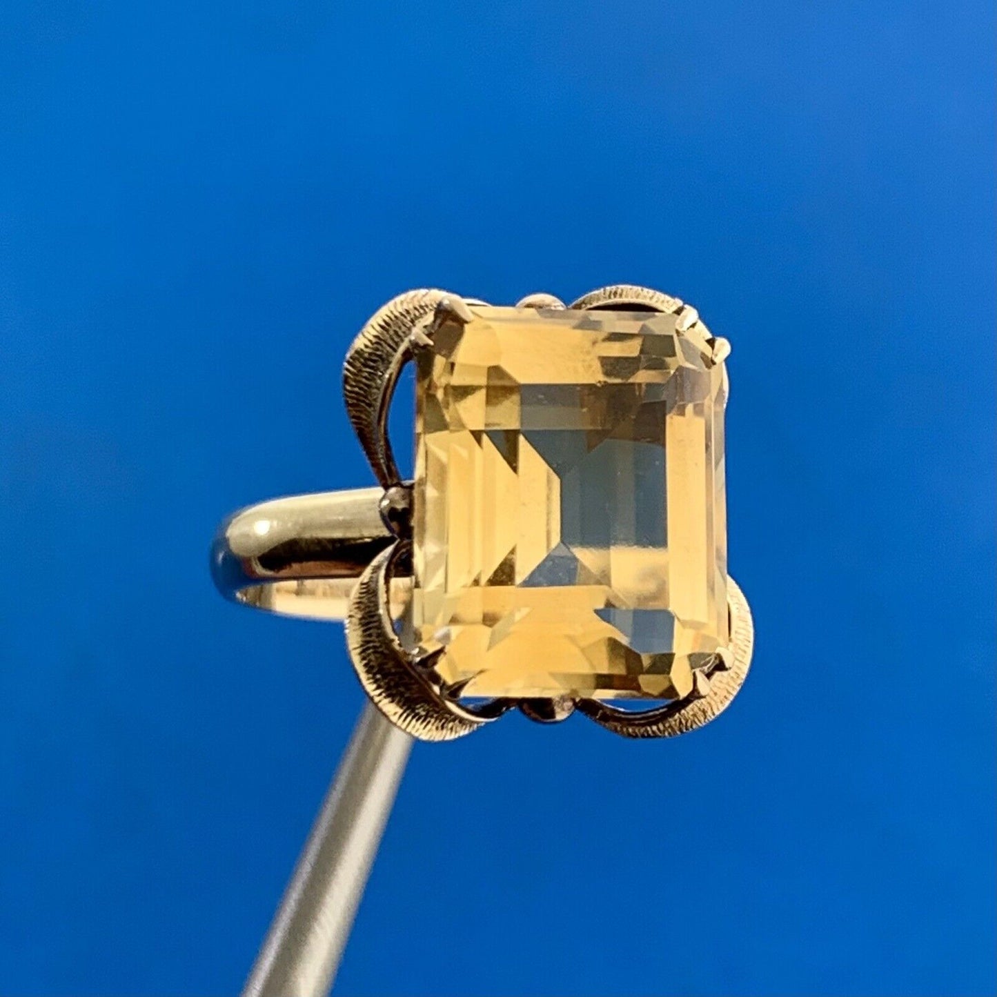 Vintage 14K Yellow Gold Emerald Cut Citrine Solitaire Cocktail Ring