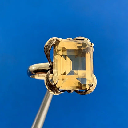 Vintage 14K Yellow Gold Emerald Cut Citrine Solitaire Cocktail Ring