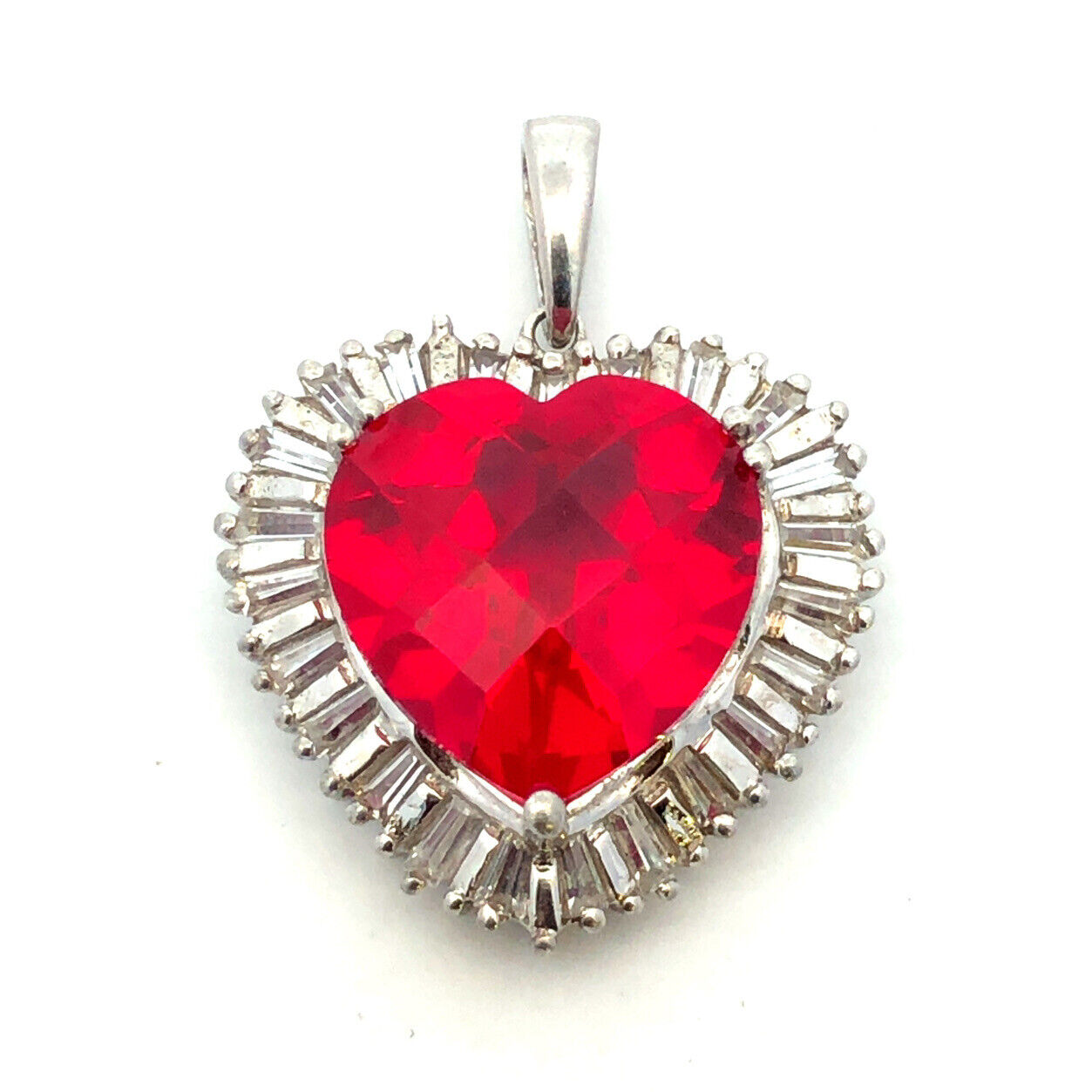 Designer Sterling Silver Cushion Ruby Diamond Accented Heart Statement Pendant