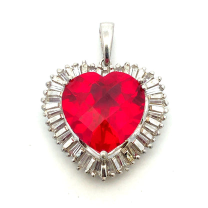 Designer Sterling Silver Cushion Ruby Diamond Accented Heart Statement Pendant