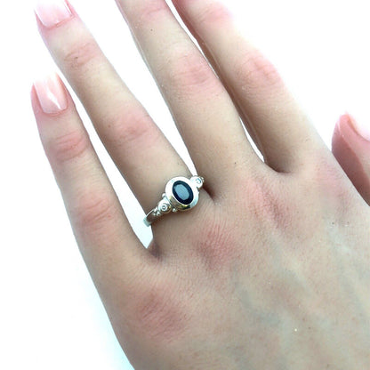 14K White Gold Oval Sapphire Solitaire Diamond Accent Modernist Anniversary Ring