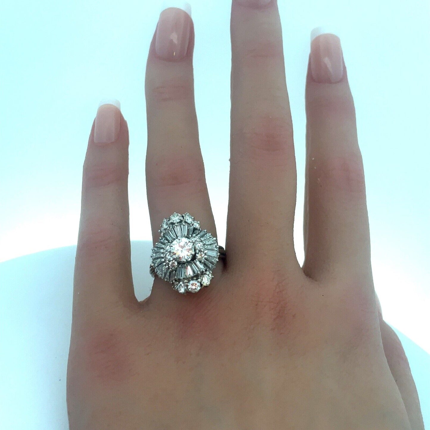 Estate 14K White Gold Round Diamond Center Waterfall Wave Accented Cocktail Ring