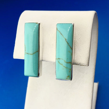 Stunning Sterling Silver 925 Cabochon Aqua Turquoise Rectangle Stud Earrings