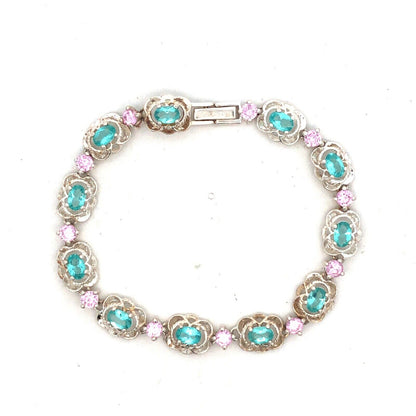 Designer HAN 925 Sterling Silver Oval Blue CZ Round Pink CZ Tennis Bracelet