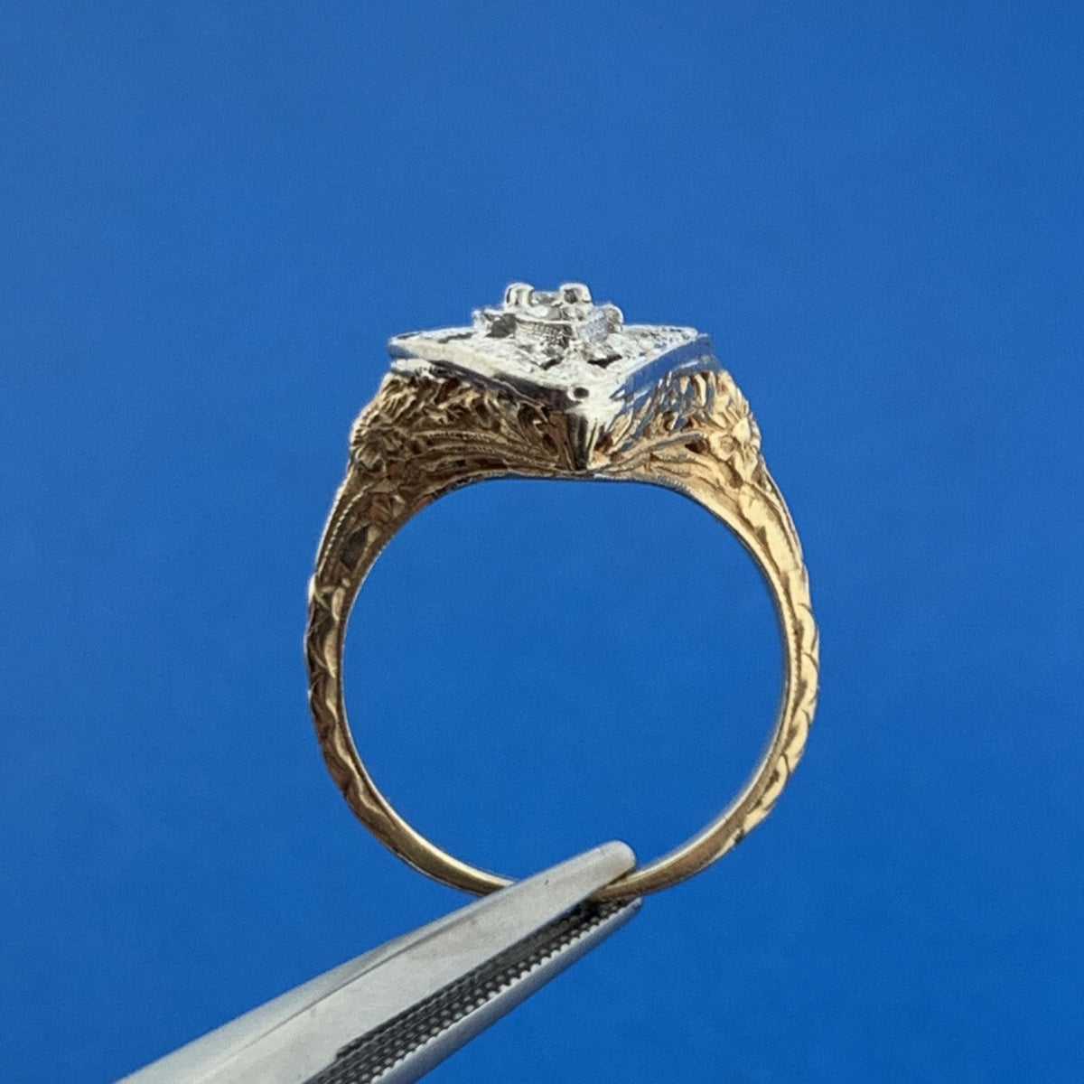 Art Deco 14K Yellow White Gold Diamond Open Work Filigree Cocktail Ring