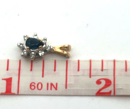Vintage 14K Yellow Gold Pear Cut Blue Sapphire Diamond Halo Teardrop Pendant