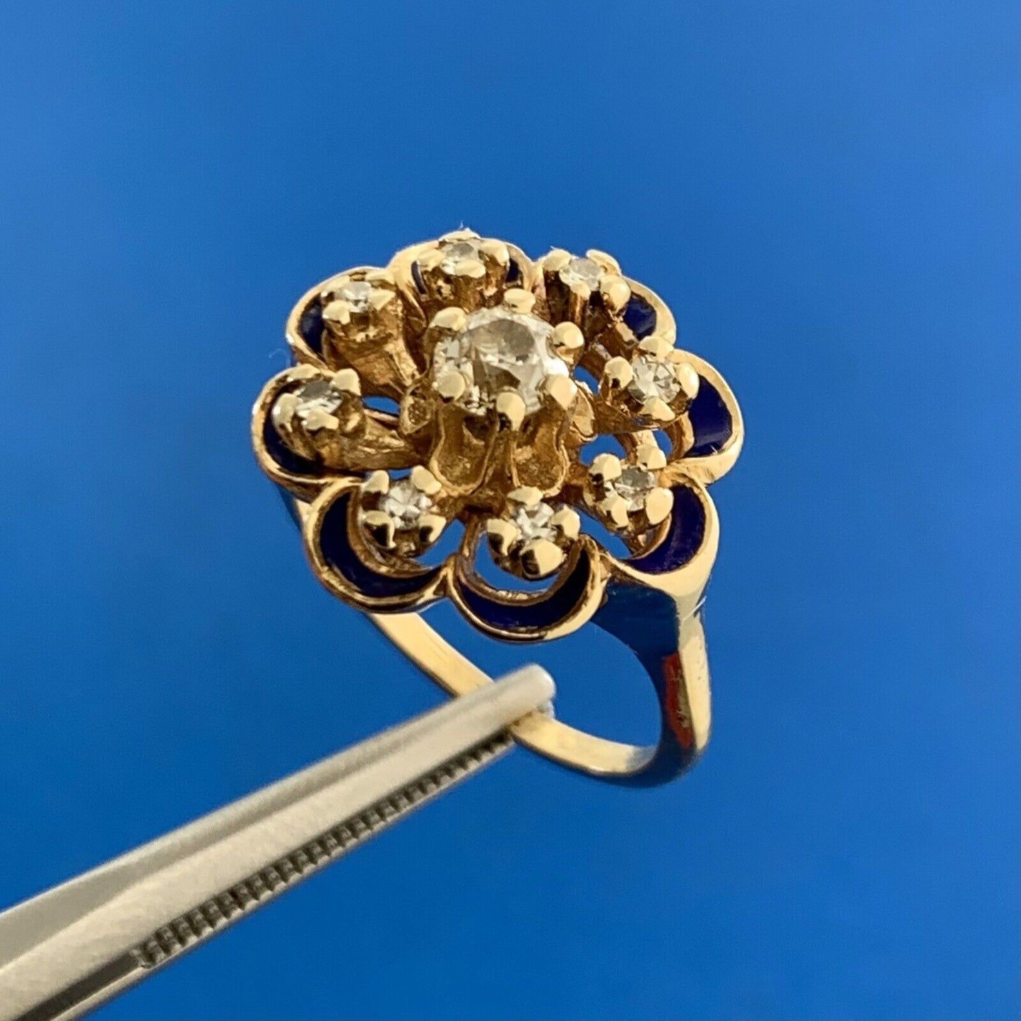 Vintage 14K Yellow Gold Diamond Cluster Blue Enamel Flower Cocktail Ring