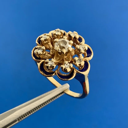 Vintage 14K Yellow Gold Diamond Cluster Blue Enamel Flower Cocktail Ring