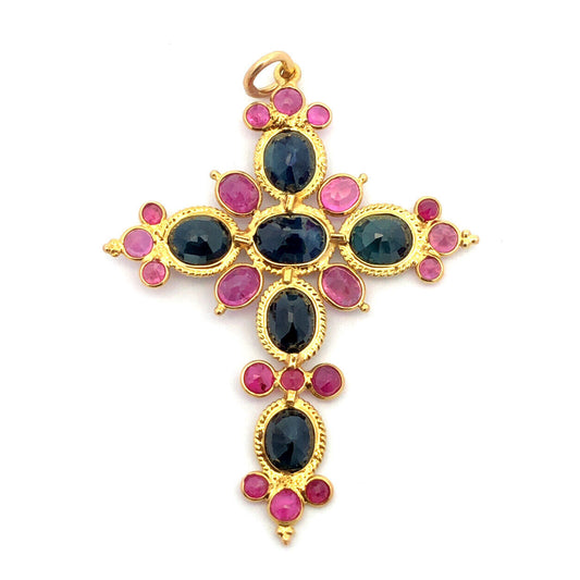 Estate 18K Yellow Gold Sapphire Ruby Statement Cross Religious Pendant
