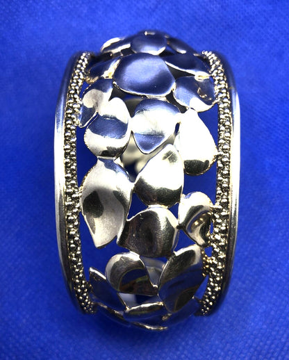 Michael Dawkins 925 Sterling Silver Petal & Beaded Detail Open Cuff Bracelet