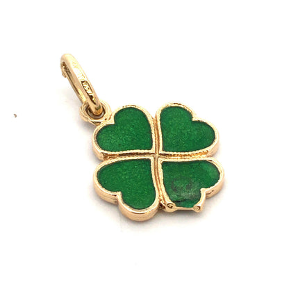 Designer 18K Yellow Gold Green Enamel 4 Leaf Clover Good Luck Charm Pendant