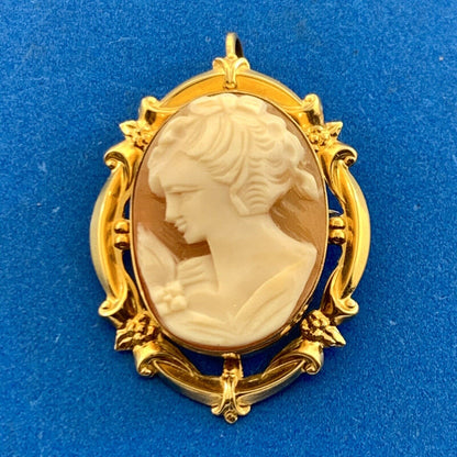 Designer 14K Yellow Gold Carved Cameo Pin Brooch Pendant